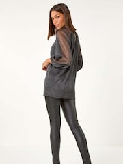 Roman Black Twist Neck Glitter Mesh Top - Image 3 of 5