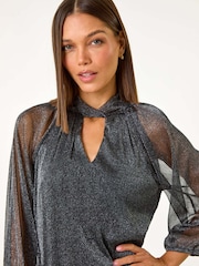 Roman Black Twist Neck Glitter Mesh Top - Image 4 of 5