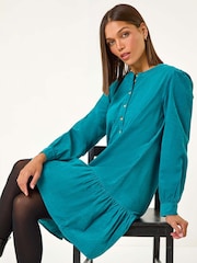 Roman Blue Corduroy Button Detail A-Line 100% Cotton Dress - Image 1 of 5