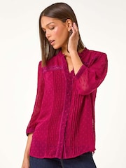 Roman Red Dobby Lace Front Pleated Blouse - Image 1 of 5