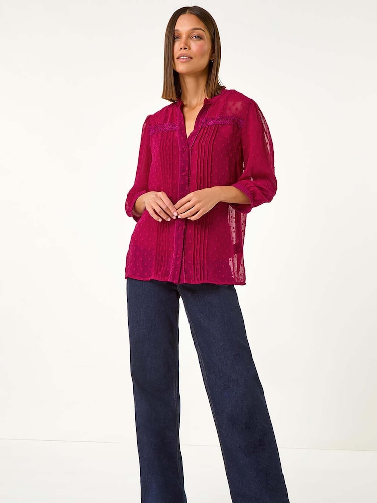 Roman Red Dobby Lace Front Pleated Blouse - Image 2 of 5