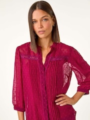 Roman Red Dobby Lace Front Pleated Blouse - Image 4 of 5
