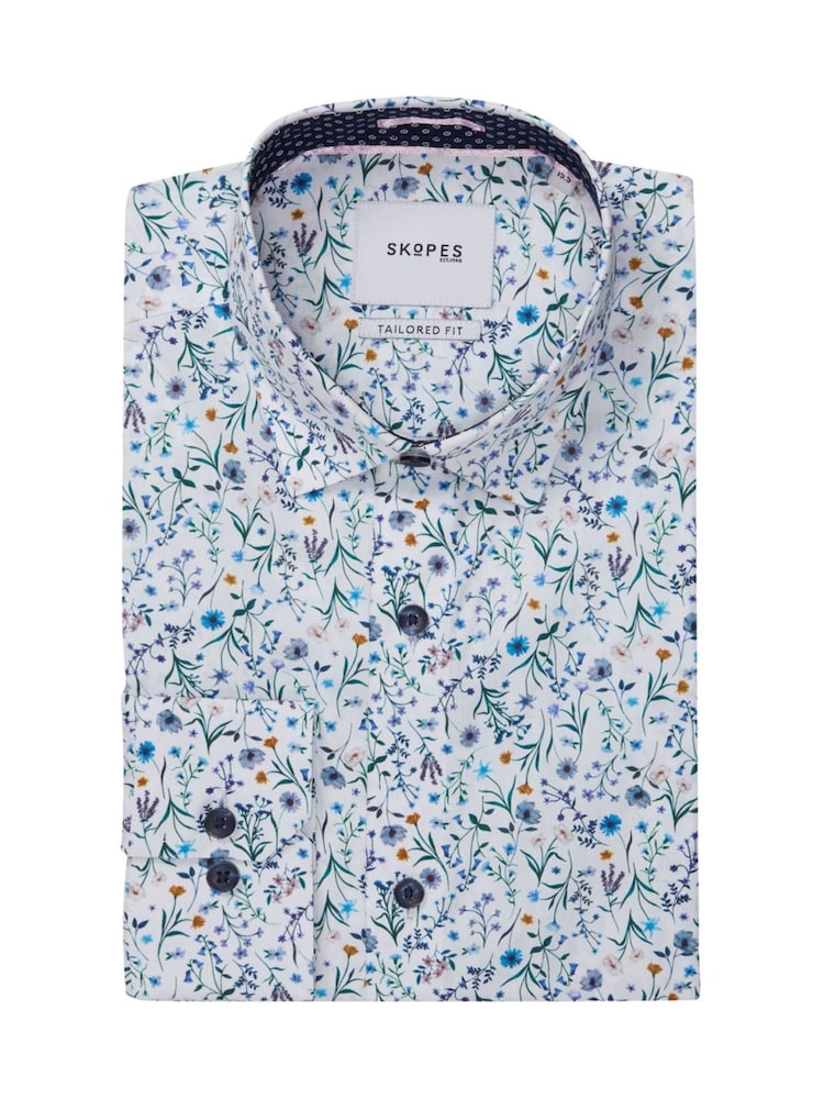 Skopes White Multi Floral Tailored Fit Luxury Formal 100% Cotton Shirt - Image 6 of 6