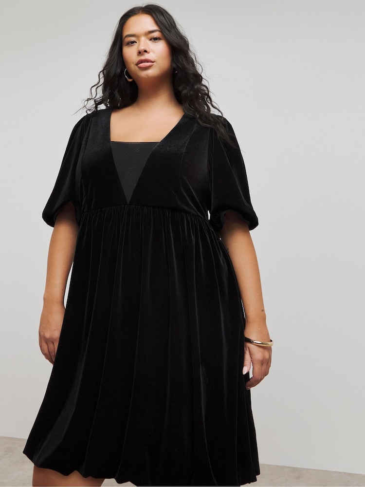 Simply Be Black Velour Puffball Skater Dress - Image 1 of 4