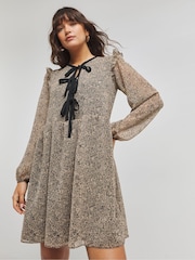 Simply Be Brown Printed Bow Front Skater Dress - Image 1 of 4