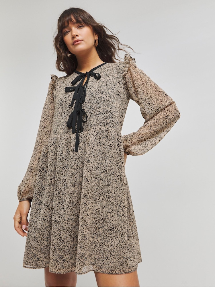Simply Be Brown Printed Bow Front Skater Dress - Image 1 of 4