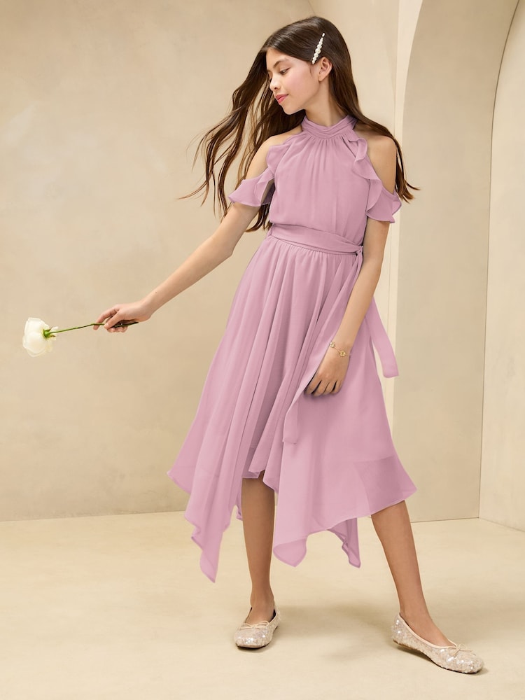 Lipsy Lilac Purple Hanky Hem Cold Shoulder Occasion Dress (7-16yrs) - Image 1 of 4