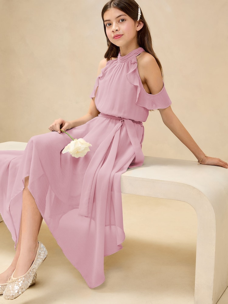 Lipsy Lilac Purple Hanky Hem Cold Shoulder Occasion Dress (7-16yrs) - Image 3 of 4