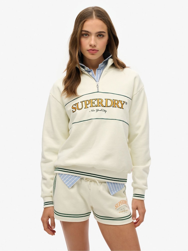 Crema - Superdry Country Club Loose Fit Half Zip Sweat Top - Imagen 1 de 6