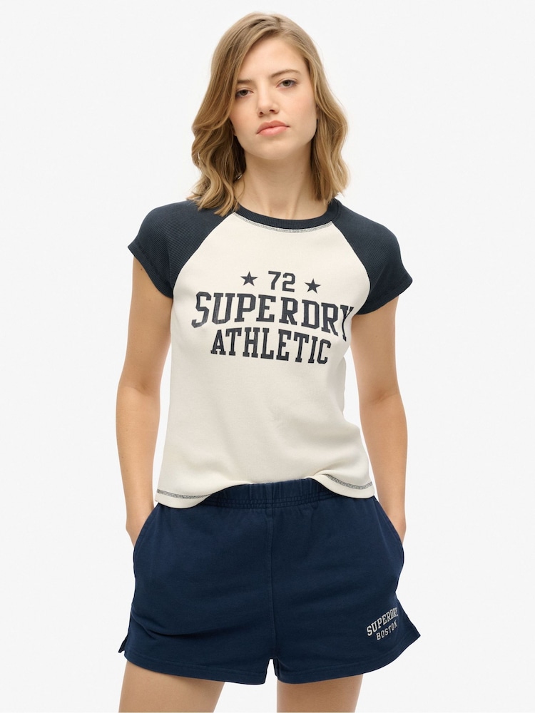 Superdry White Black Athletic Essential Raglan Cap Sleeve Slim Fit T-Shirt - Image 1 of 4