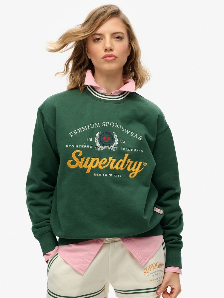 Superdry Green Country Club Loose Crew Sweat Tops - Image 1 of 6 Superdry Green Country Club Loose Crew Sweat Tops - Image 1 of 6