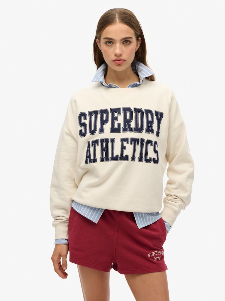 Кремовый - Superdry Ath Ess Relaxed Appliqué Crew 100% Cotton SweatShirts - Image 1 of 6