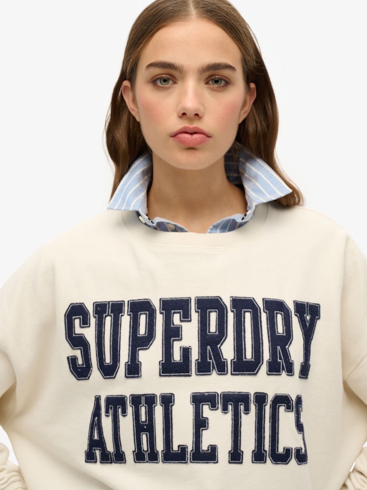 Superdry Cream Ath Ess Relaxed Appliqué Crew 100% Cotton SweatShirts - Image 4 of 6