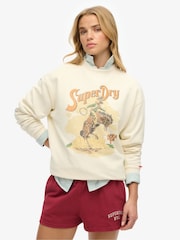 Superdry Cream Souvenir Graphic Loose Crew 100% Cotton Sweat Shirt - Image 1 of 6
