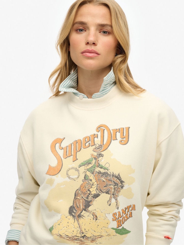 Superdry Cream Souvenir Graphic Loose Crew 100% Cotton Sweat Shirt - Image 3 of 6