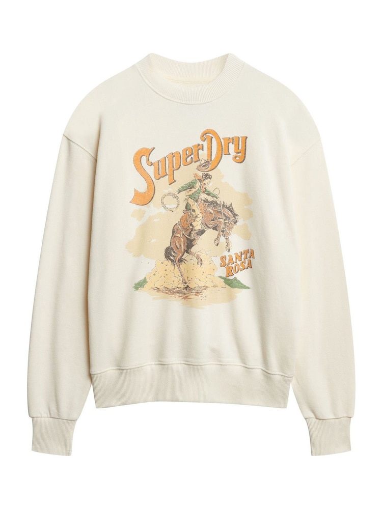 Superdry Cream Souvenir Graphic Loose Crew 100% Cotton Sweat Shirt - Image 5 of 6