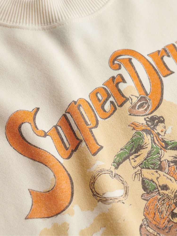 Superdry Cream Souvenir Graphic Loose Crew 100% Cotton Sweat Shirt - Image 6 of 6