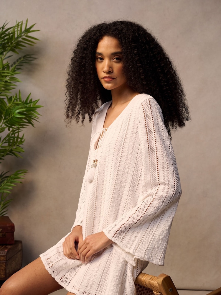 Superdry White Mini Ibiza Lace 100% Cotton Dress - Image 3 of 6