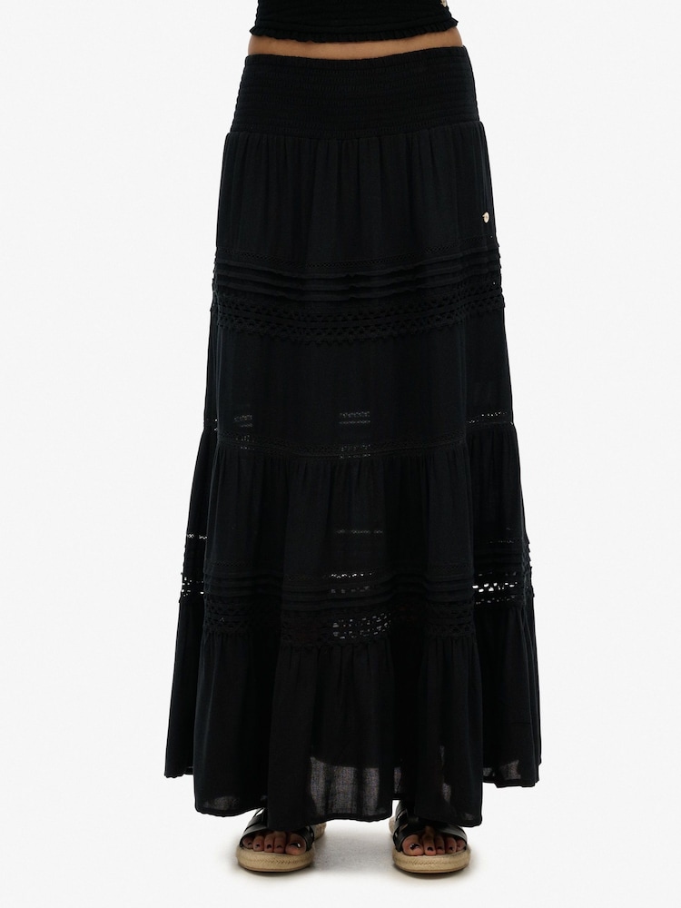 Superdry Black Ibiza Lace Mix Maxi Skirt - Image 1 of 7 Superdry Black Ibiza Lace Mix Maxi Skirt - Image 1 of 7