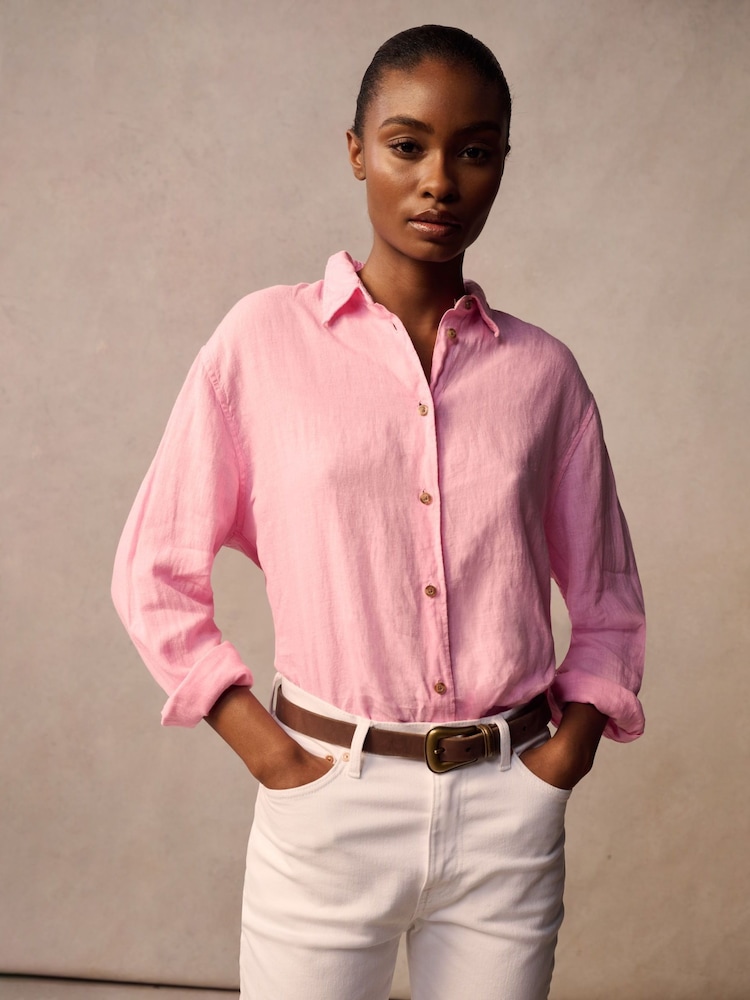 Superdry Pink Boyfriend Casual Linen Shirt - Image 2 of 8 Superdry Pink Boyfriend Casual Linen Shirt - Image 2 of 8