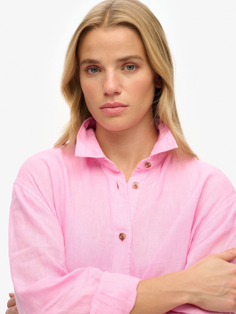 Superdry Pink Boyfriend Casual Linen Shirt - Image 6 of 8