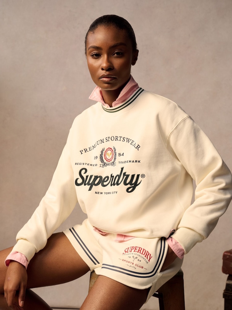 Superdry White Country Club Loose Crew Sweat Tops - Image 1 of 9
