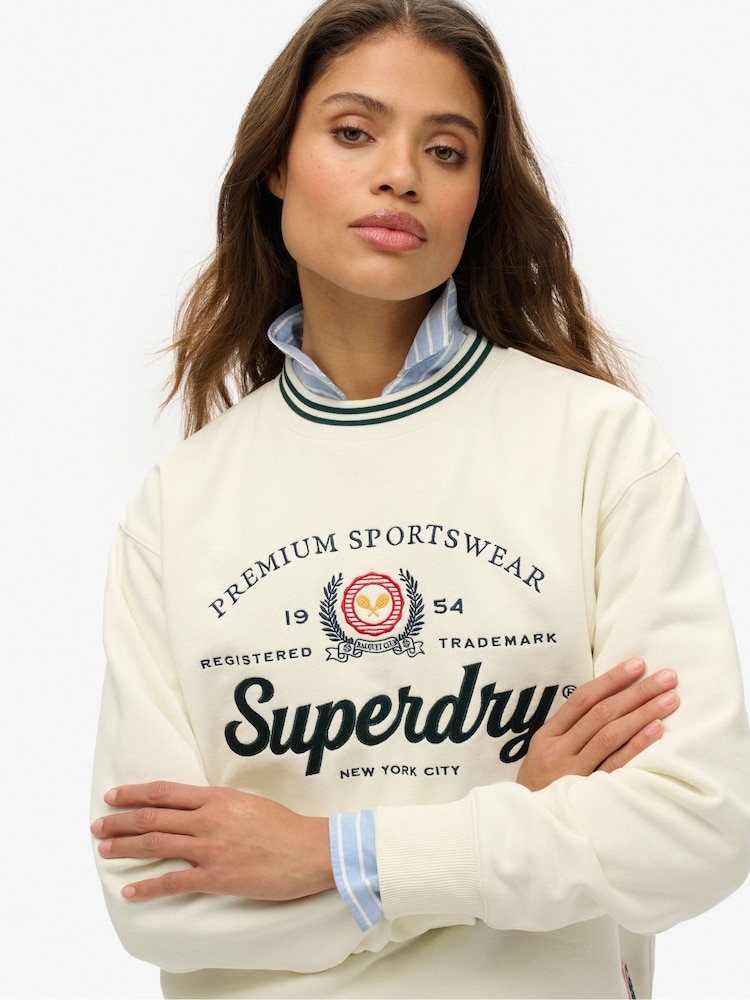 Superdry White Country Club Loose Crew Sweat Tops - Image 7 of 9