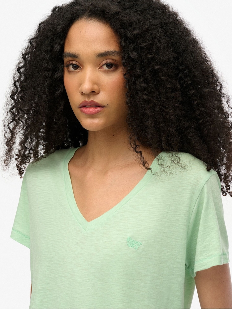 Superdry Green Slub Embroidered V-Neck T-Shirt - Image 4 of 6