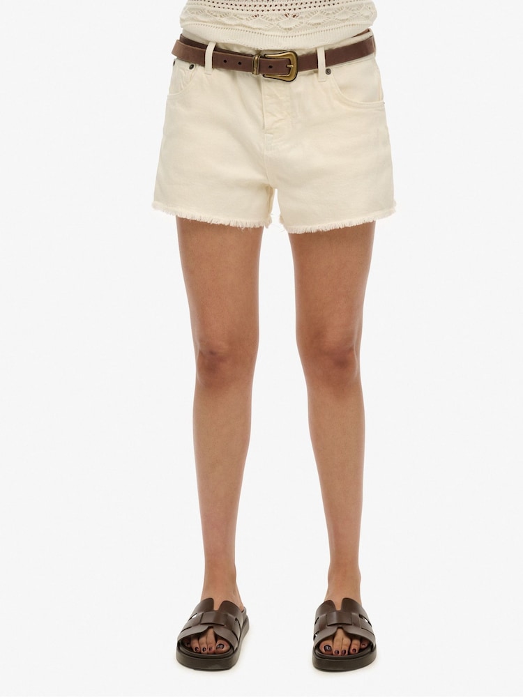 Superdry White Mid Rise Denim Hot 100% Cotton Shorts - Image 1 of 7