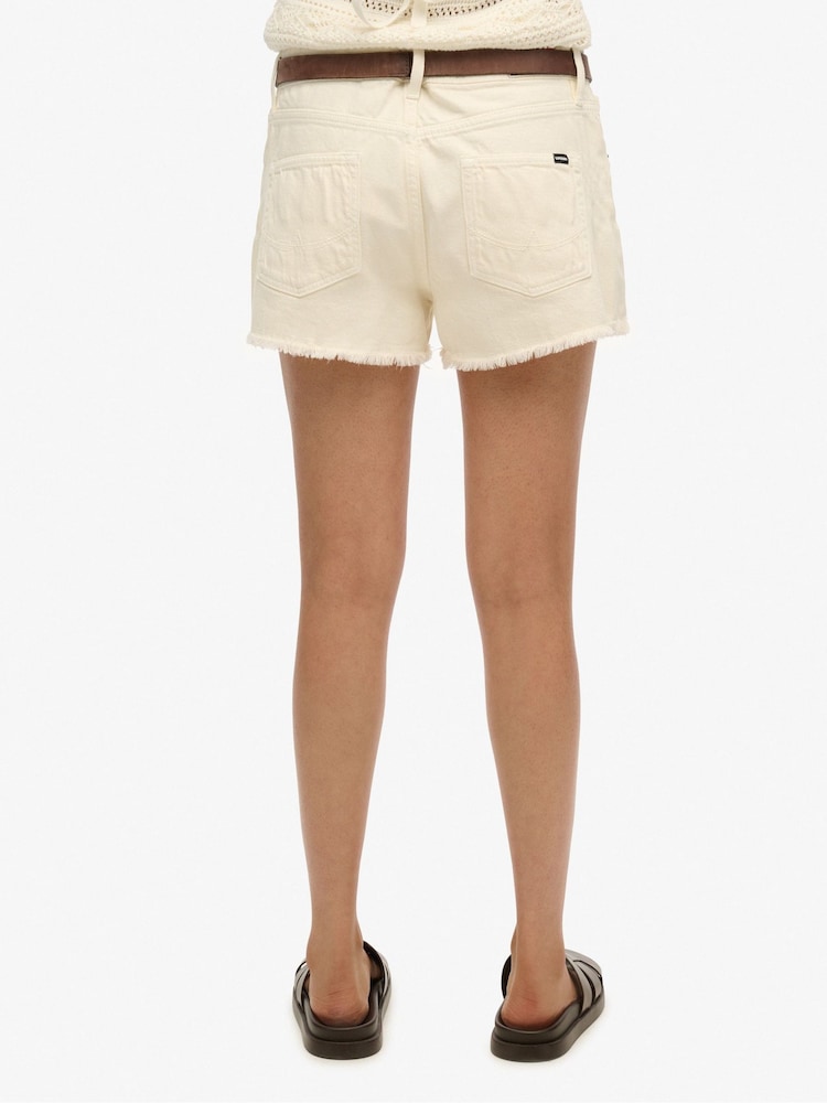 Superdry White Mid Rise Denim Hot 100% Cotton Shorts - Image 2 of 7
