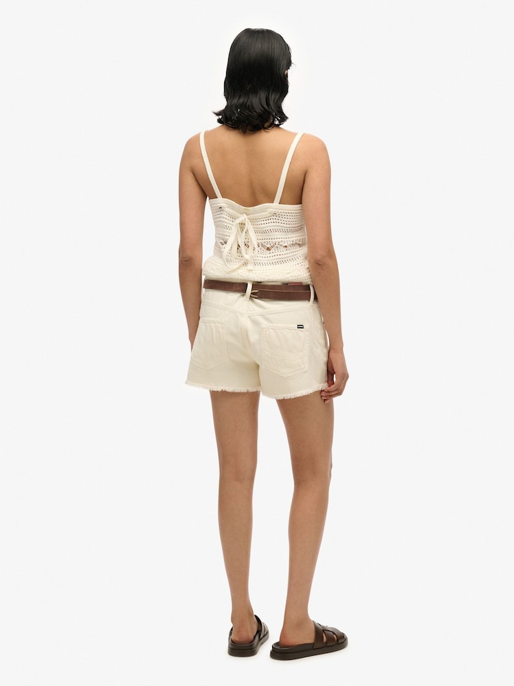 Superdry White Mid Rise Denim Hot 100% Cotton Shorts - Image 4 of 7