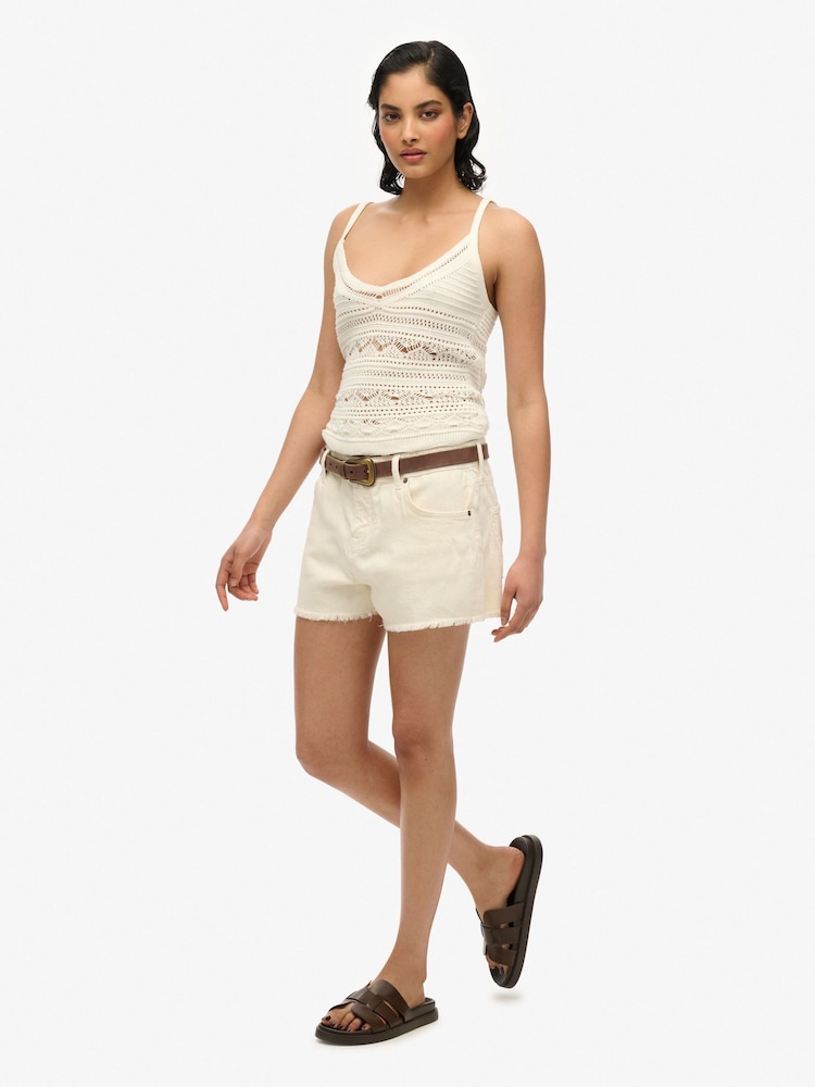 Superdry White Mid Rise Denim Hot 100% Cotton Shorts - Image 5 of 7