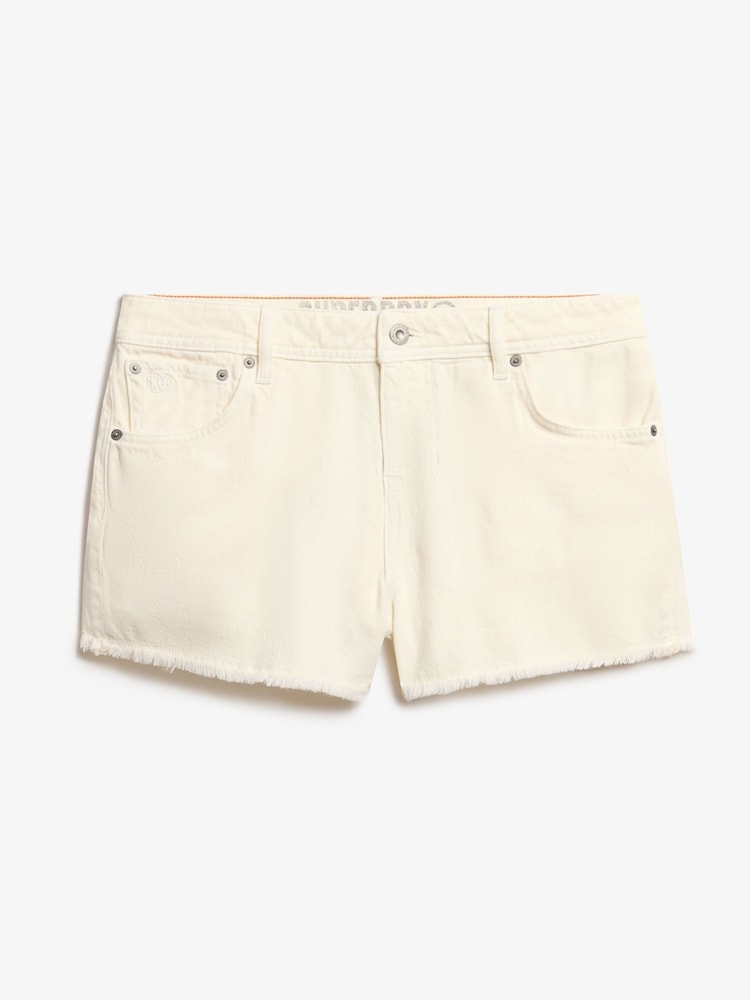 Superdry White Mid Rise Denim Hot 100% Cotton Shorts - Image 6 of 7
