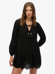 Superdry Black Mini Broderie Tiered 100% Cotton Dress - Image 1 of 7