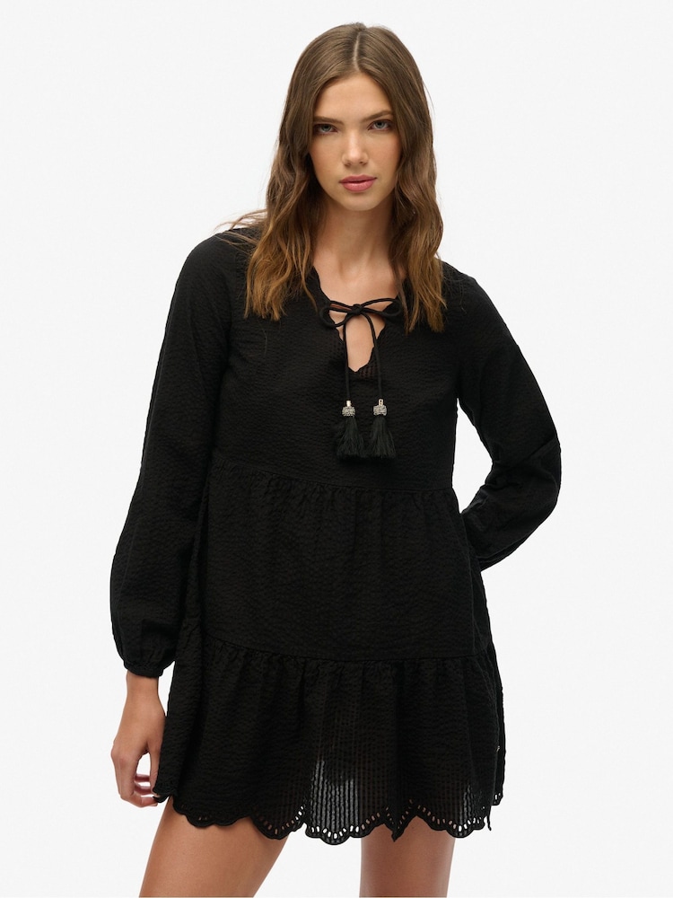 Superdry Black Mini Broderie Tiered 100% Cotton Dress - Image 1 of 7