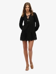 Superdry Black Mini Broderie Tiered 100% Cotton Dress - Image 3 of 7