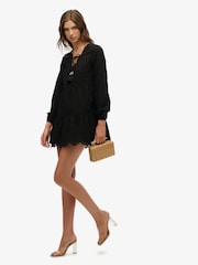 Superdry Black Mini Broderie Tiered 100% Cotton Dress - Image 4 of 7