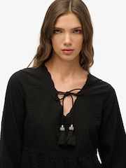 Superdry Black Mini Broderie Tiered 100% Cotton Dress - Image 5 of 7