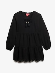 Superdry Black Mini Broderie Tiered 100% Cotton Dress - Image 6 of 7