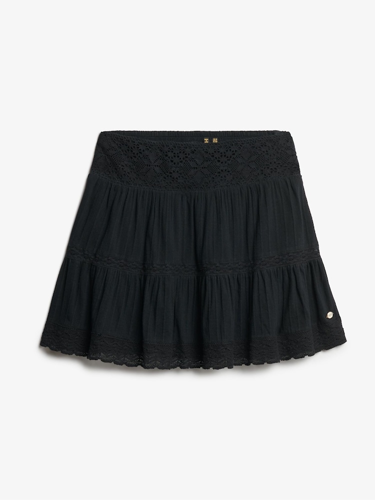 Superdry Black Ibiza Lace Mix 100% Cotton Mini Skirt - Image 6 of 7