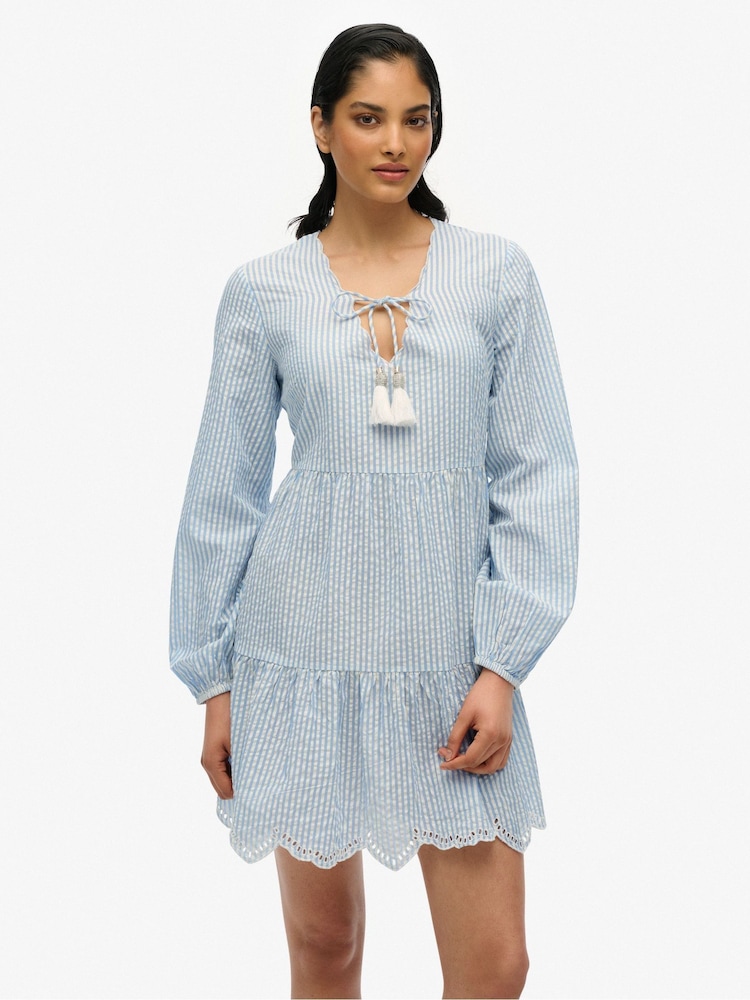 Superdry Blue Mini Broderie Tiered 100% Cotton Dress - Image 1 of 7