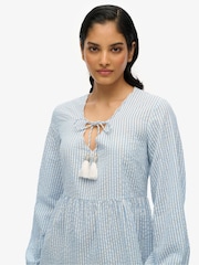 Superdry Blue Mini Broderie Tiered 100% Cotton Dress - Image 3 of 7