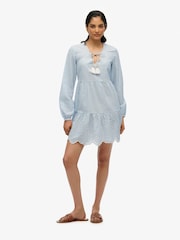Superdry Blue Mini Broderie Tiered 100% Cotton Dress - Image 4 of 7