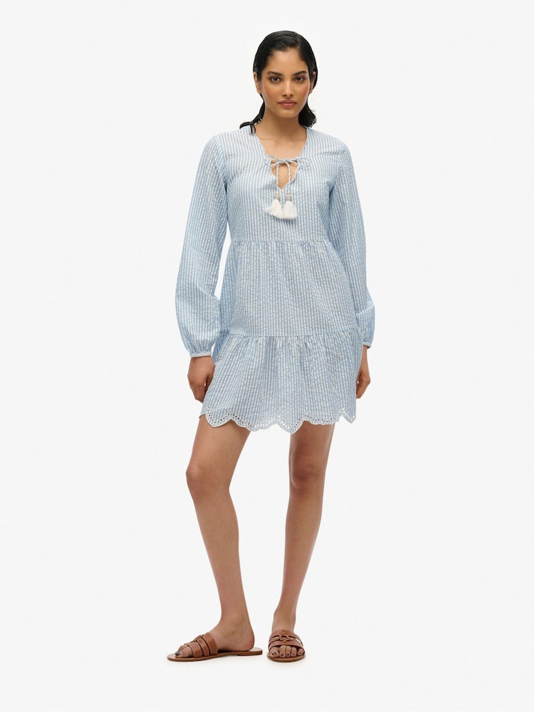 Superdry Blue Mini Broderie Tiered 100% Cotton Dress - Image 4 of 7