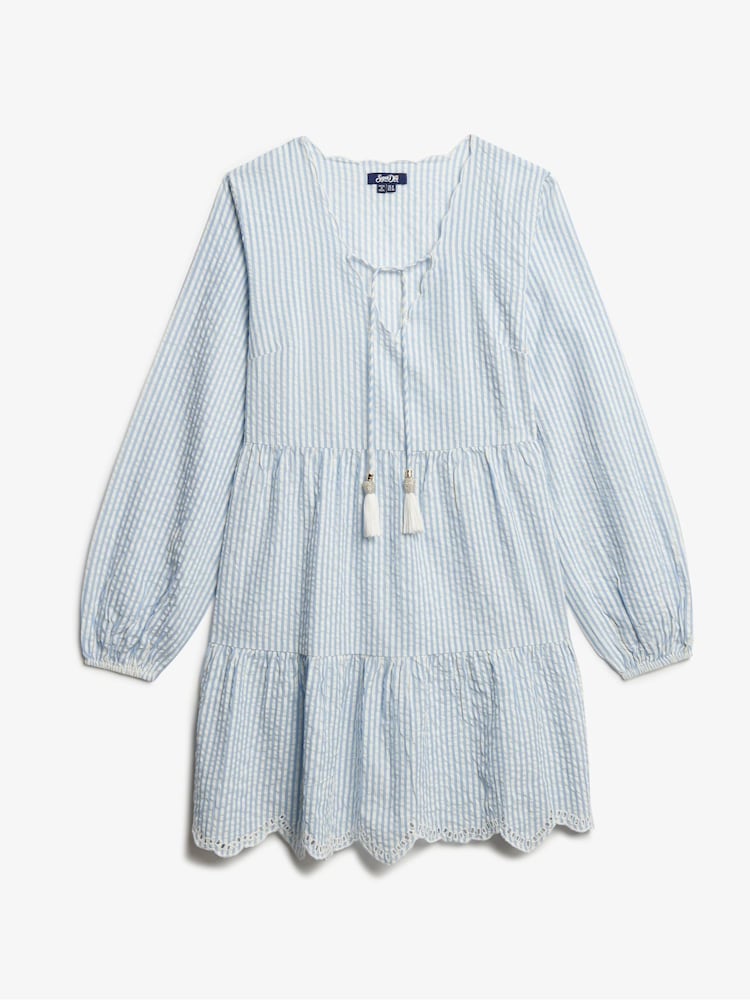 Superdry Blue Mini Broderie Tiered 100% Cotton Dress - Image 5 of 7