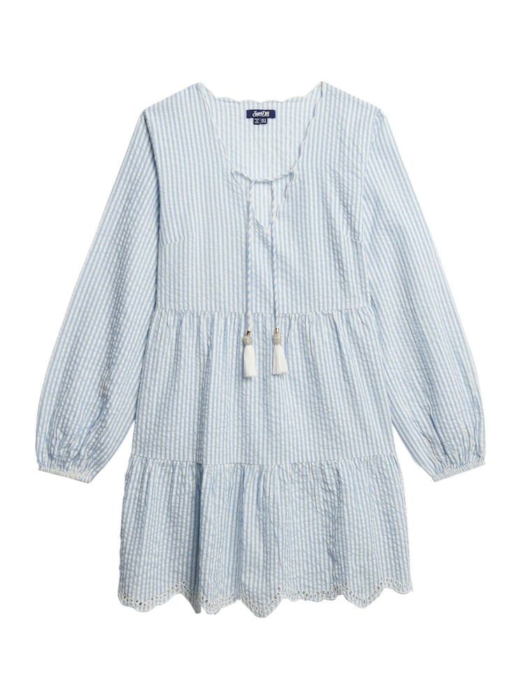 Superdry Blue Mini Broderie Tiered 100% Cotton Dress - Image 6 of 7