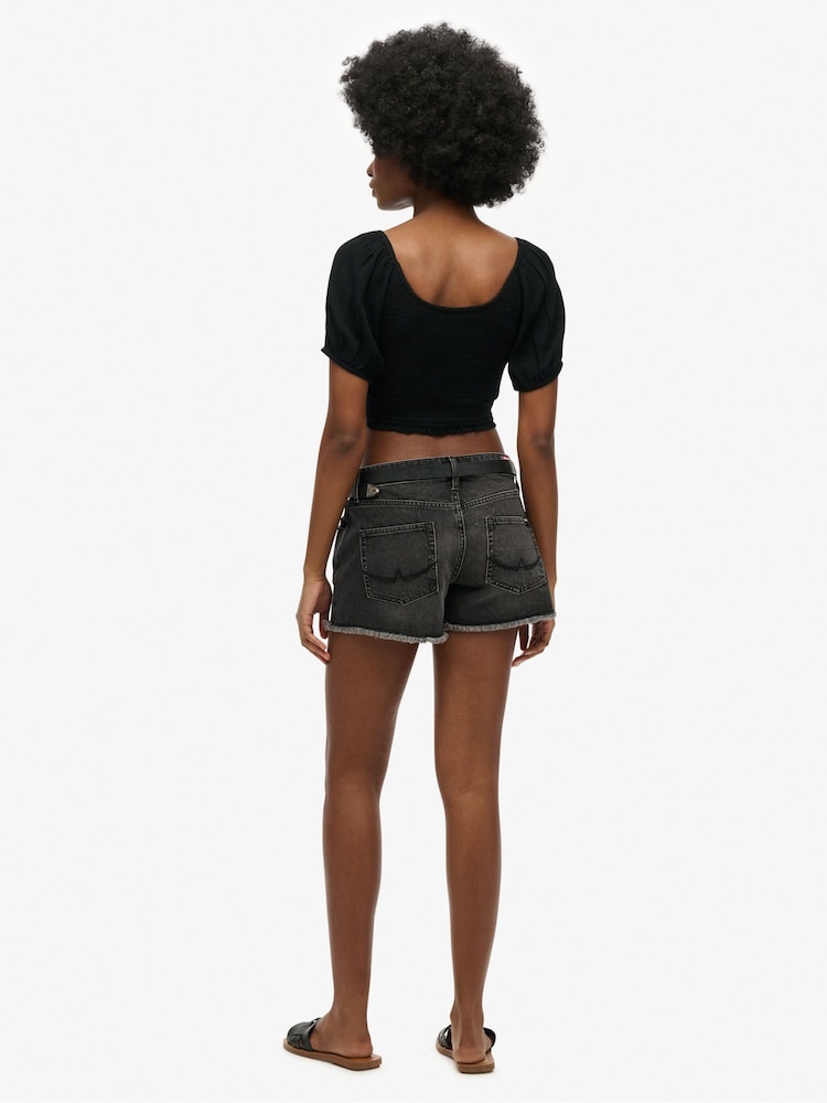 Superdry Black Mid Rise Denim Hot 100% Cotton Shorts - Image 2 of 4