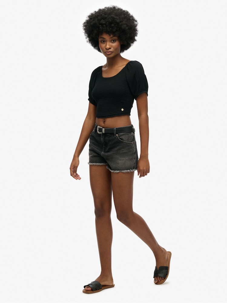 Superdry Black Mid Rise Denim Hot 100% Cotton Shorts - Image 3 of 4
