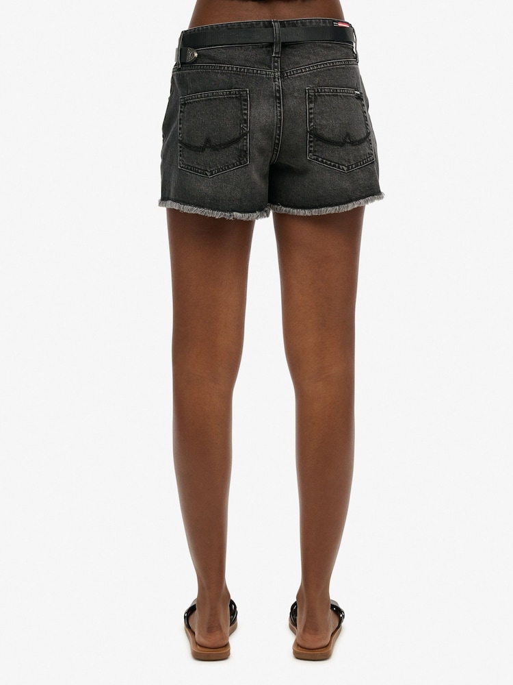 Superdry Black Mid Rise Denim Hot 100% Cotton Shorts - Image 4 of 4