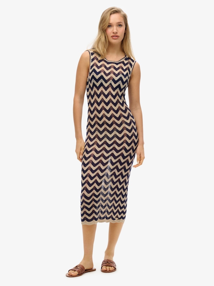 Superdry Blue Zig Zag Knit Midi Dress - Image 1 of 4